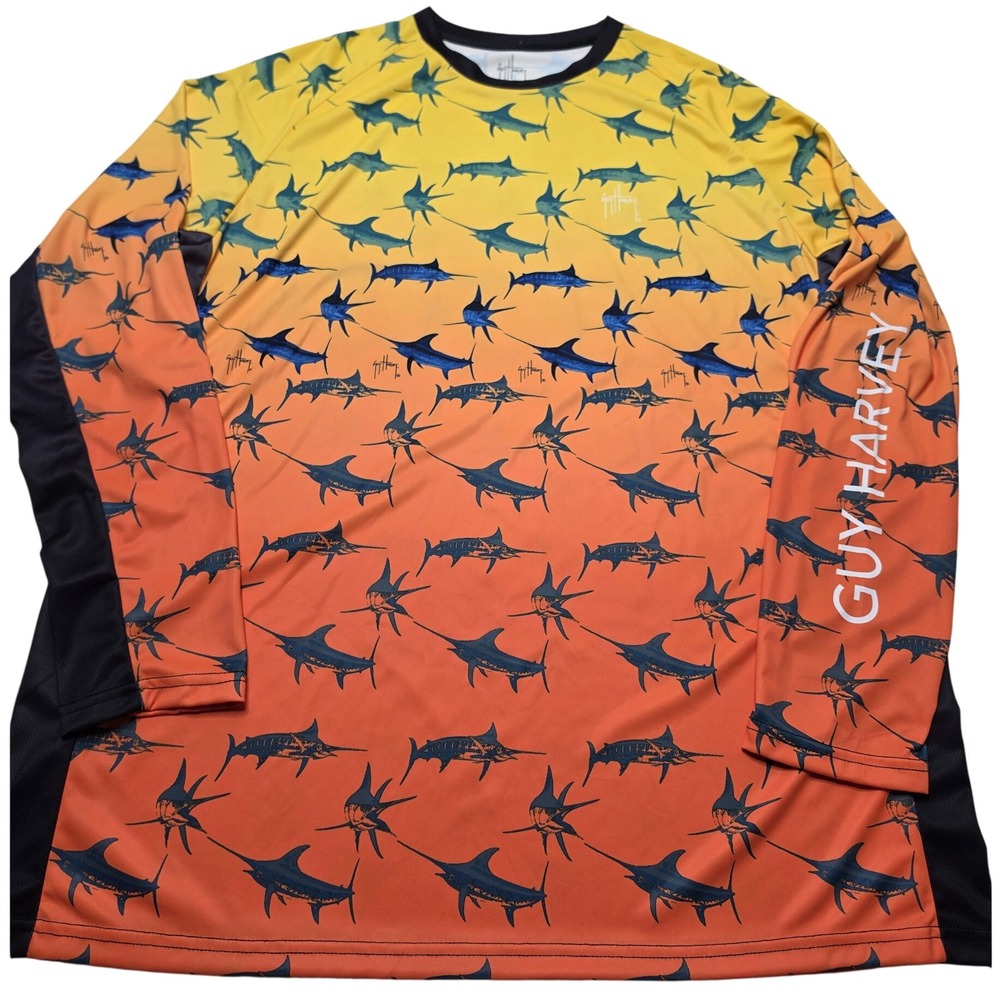Guy Harvey Mens XXL Performance Fishing Shirt Long Sleeve Marlin Sunset Gradient
